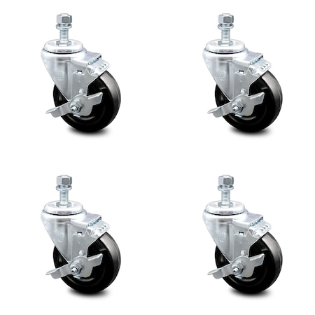 Service Caster 4 Inch Hard Rubber Wheel Swivel 10mm Threaded Stem Caster Set with Brake SCC SCC-TS20S414-HRS-TLB-M1015-4